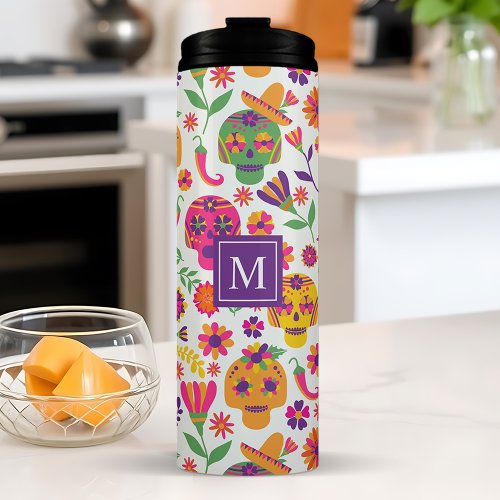 Day Of The Dead Sugar Skull Mexican Monogram Thermal Tumbler