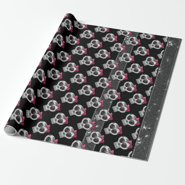 Day of the Dead Sugar Skull Ombre Hot Pink Glitter Wrapping Paper (Unrolled)