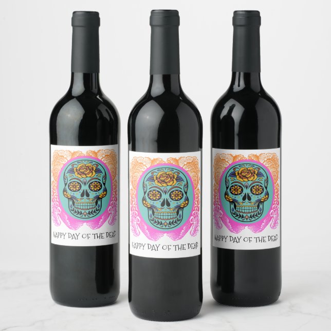 Day Of The Dead Sugar Skull Party Wine Label (Bottles)