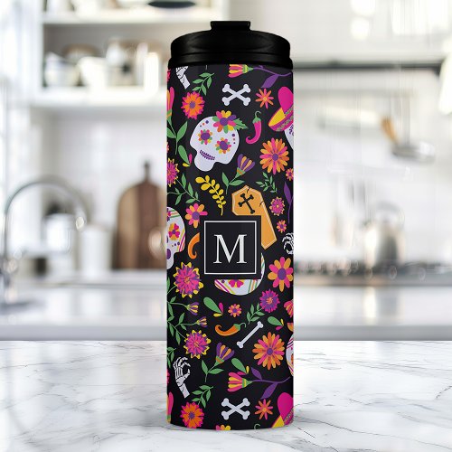 Day Of The Dead Sugar Skull Pattern Monogram Thermal Tumbler