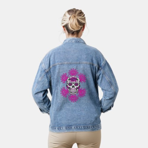 Day Of The Dead Sugar Skull Pink Abstract Flowers Denim Jacket