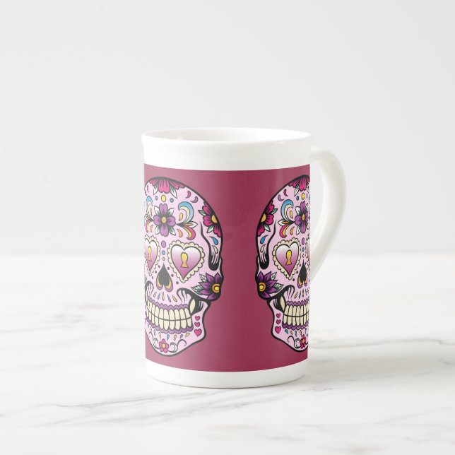 Day of the Dead Sugar Skull Pink Bone China Mug (Front Right)