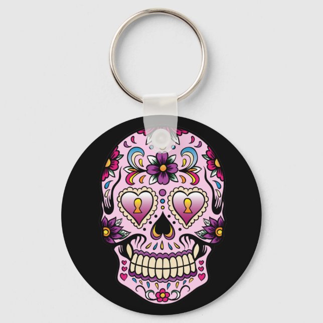 Day of the Dead Sugar Skull Pink Keychain (Front)