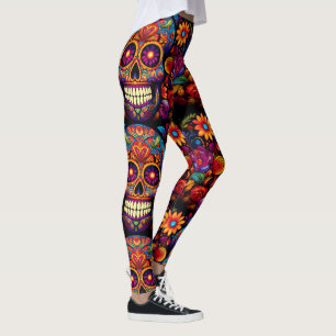 Day of the Dead Sugar Skull Pink Orange Black Leggings