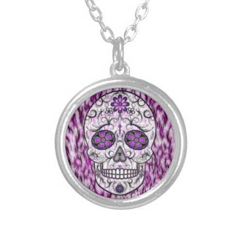 Day of the Dead Sugar Skull _ Pink  Purple 10 Silver Plated Necklace