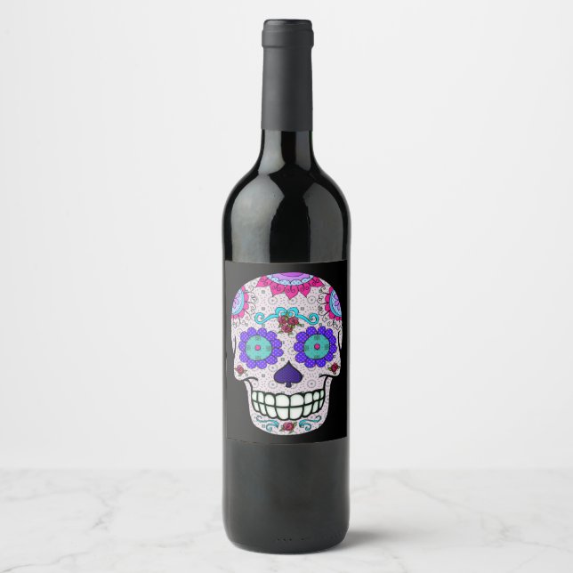 Day of the Dead Sugar Skull Purple Flowers Wine Label (Front)