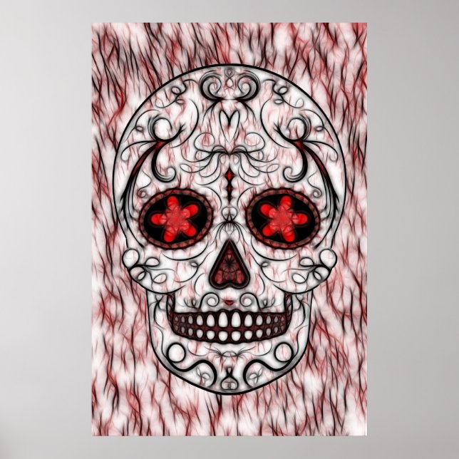 Day of the Dead Sugar Skull - Red & Black Fractal Poster (Front)