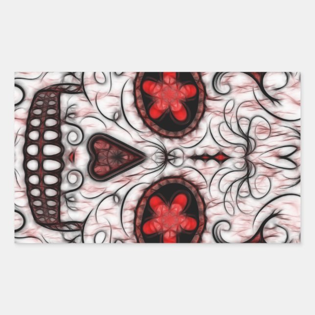 Day of the Dead Sugar Skull - Red & Black Fractal Rectangular Sticker (Front)