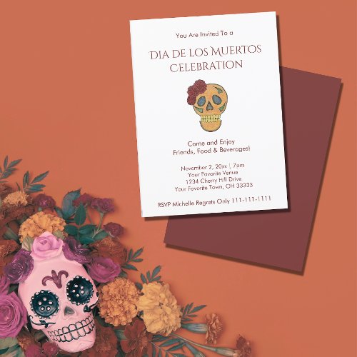 Day of the Dead Sugar Skull Red Gold Halloween Invitation