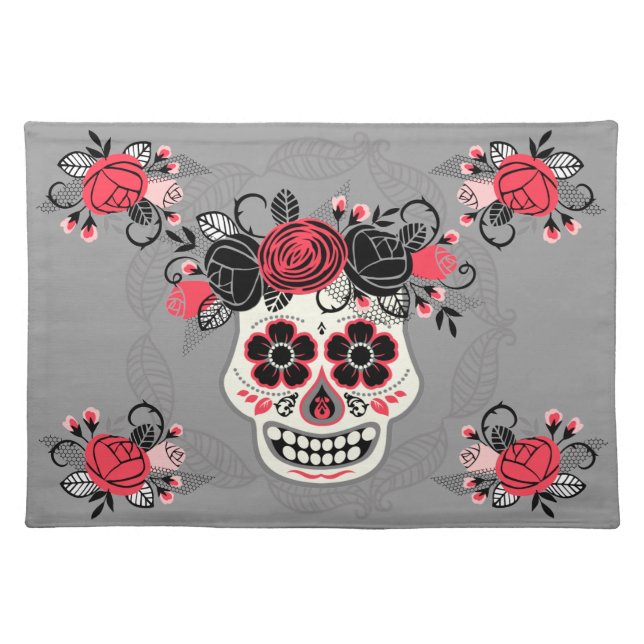 Day of the Dead Sugar Skull & Roses Cloth Placemat (Front)