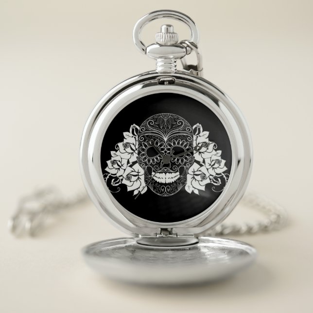 Day of the Dead Sugar Skull & Roses Pocket Watch (Inside)