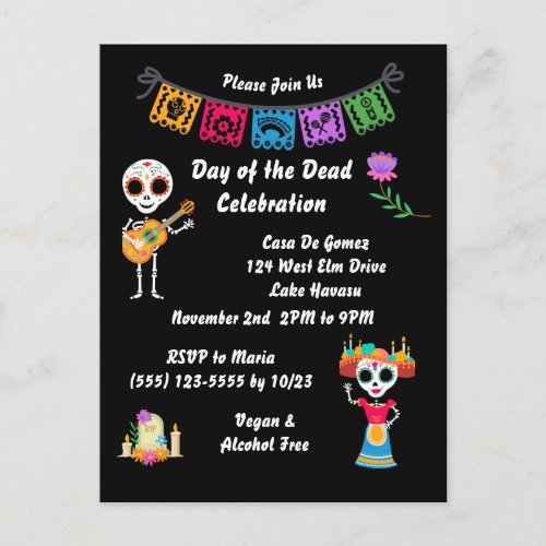 Day of The Dead Sugar Skull Skeletons Invitation Postcard