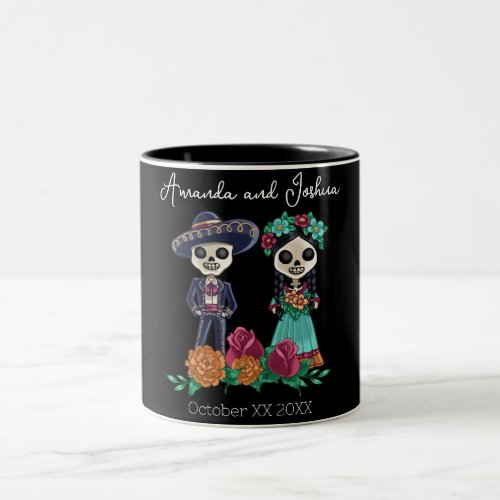 Day of the Dead Sugar Skull Skeletons on Black Two_Tone Coffee Mug