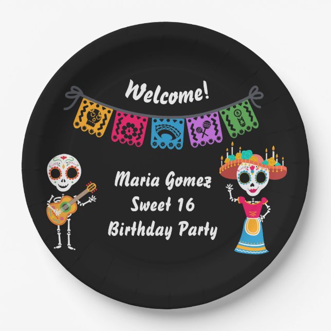 Day of The Dead Sugar Skull Skeletons Paper Plates (Front)