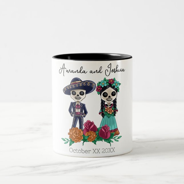 Day of the Dead Sugar Skull Skeletons Two-Tone Coffee Mug (Center)