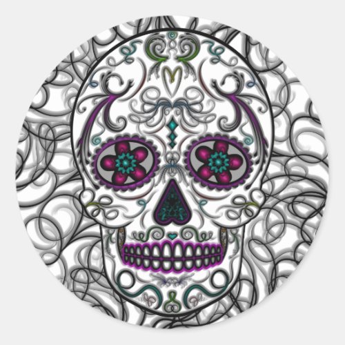 Day of the Dead Sugar Skull _ Swirly Multi Color Classic Round Sticker