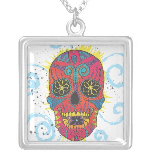 Day of The Dead Sugar Skull Tattoo Design Silver Plated Necklace