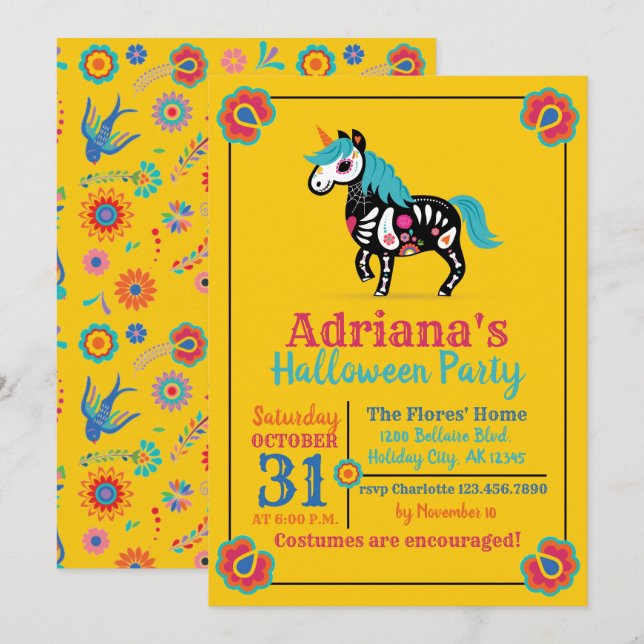 Day of the Dead Sugar Skull Unicorn Party Invitation (Front/Back)