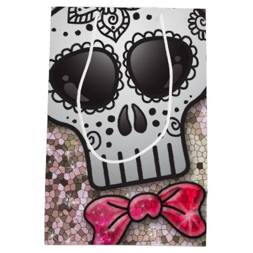 Day of the Dead Sugar Skull White Diamond Glitter Medium Gift Bag