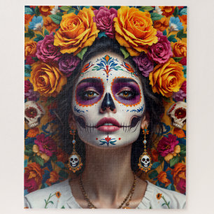 Day of the Dead Sugar Skull with Colorful Roses Jigsaw Puzzle