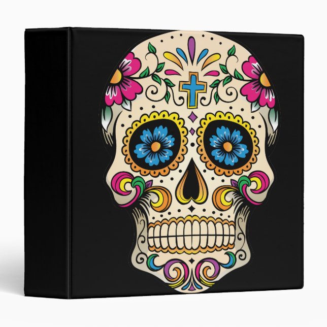 Day of the Dead Sugar Skull with Cross 3 Ring Binder (Front/Spine)