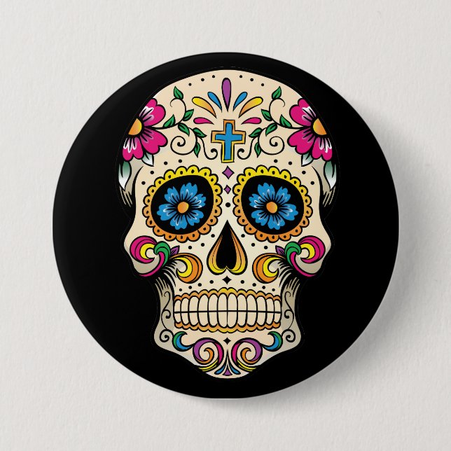 Day of the Dead Sugar Skull with Cross Button (Front)