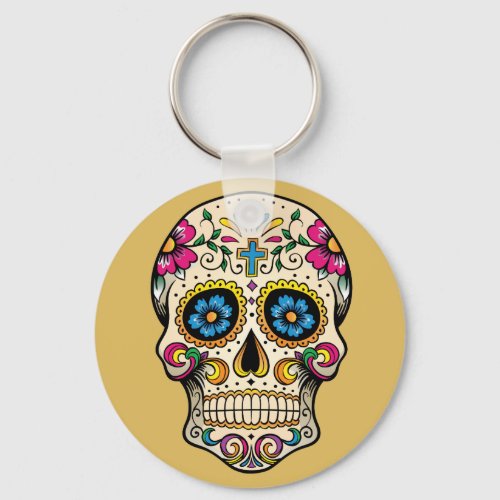Day of the Dead Sugar Skull with Cross Keychain