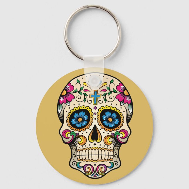 Day of the Dead Sugar Skull with Cross Keychain (Front)