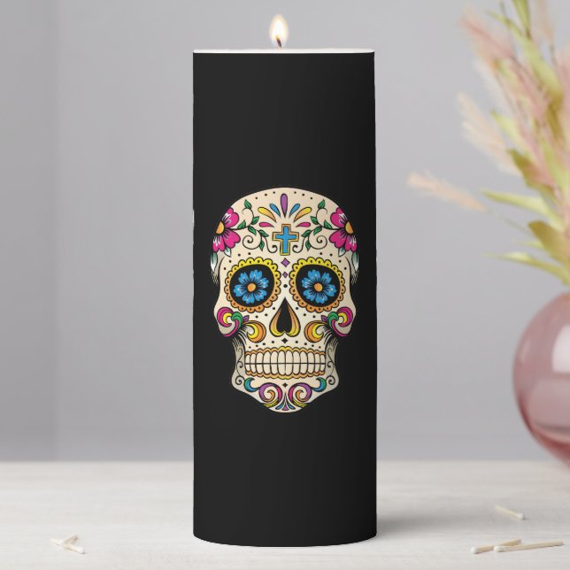 Day of the Dead Sugar Skull with Cross Pillar Candle (In Situ)