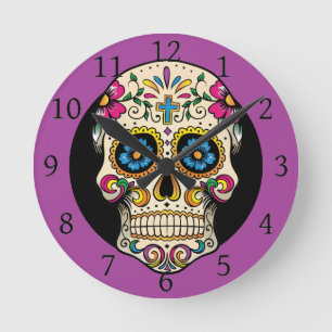 Day of the Dead Sugar Skull with Cross Round Clock