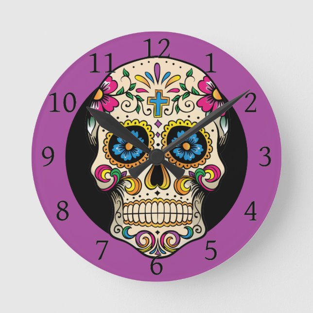 Day of the Dead Sugar Skull with Cross Round Clock (Front)