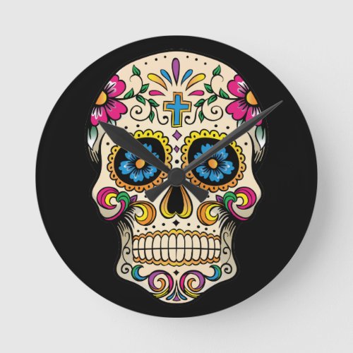 Day of the Dead Sugar Skull with Cross Round Clock