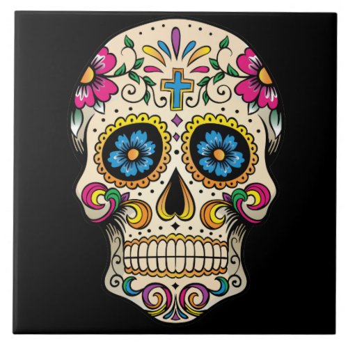 Day of the Dead Sugar Skull with Cross Tile