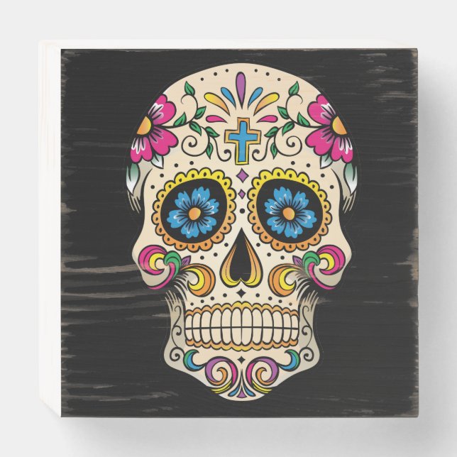 Day of the Dead Sugar Skull with Cross Wooden Box Sign (Front Horizontal)