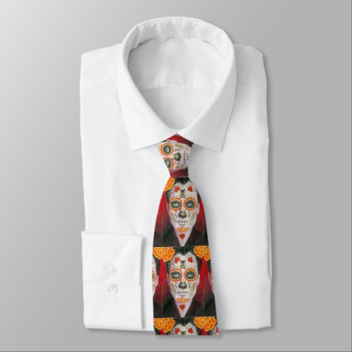 Day of the Dead Sugar Skull with Hearts Neck Tie
