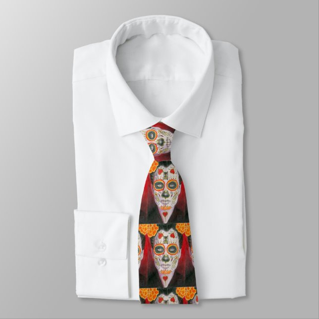 Day of the Dead Sugar Skull with Hearts Neck Tie (Tied)