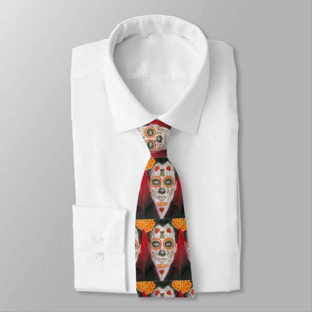Day of the Dead Sugar Skull with Hearts Neck Tie (Tied)
