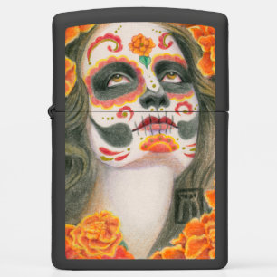 Day of the Dead Sugar Skull with Marigolds Zippo Lighter