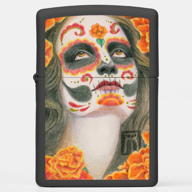 Day of the Dead Sugar Skull with Marigolds Zippo Lighter (Front)