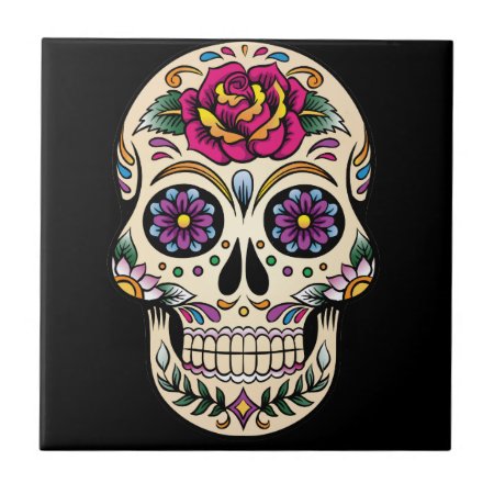 Day Of The Dead Sugar Skull With Rose Ceramic Tile