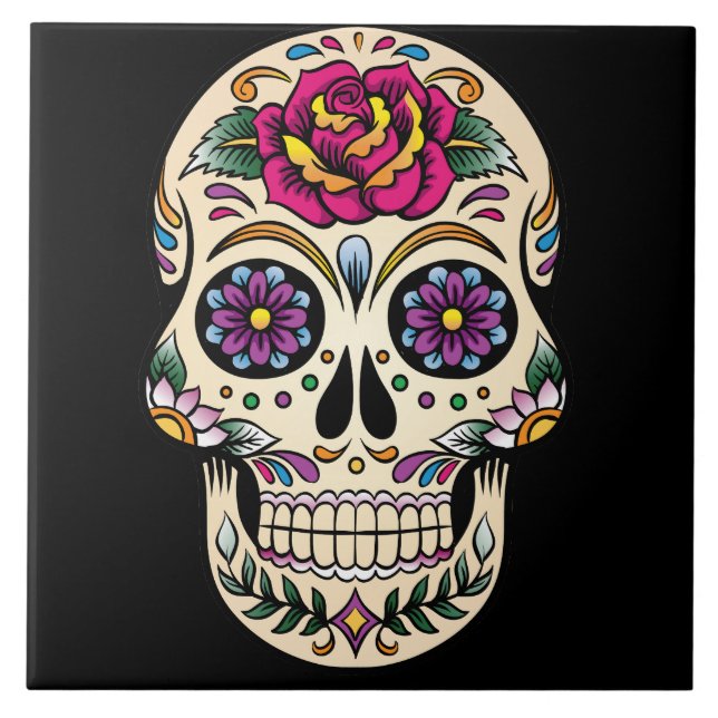 Day of the Dead Sugar Skull with Rose Ceramic Tile (Front)