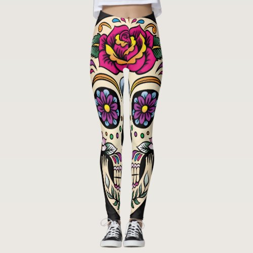 Day of the Dead Sugar Skull with Rose Leggings
