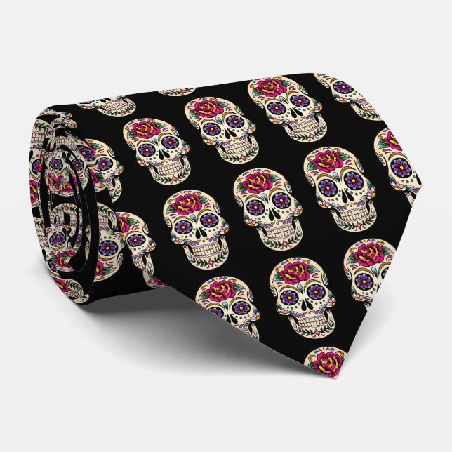 Day of the Dead Sugar Skull with Rose Neck Tie (Rolled)