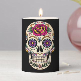 Day of the Dead Sugar Skull with Rose Pillar Candle
