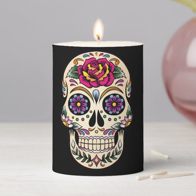 Day of the Dead Sugar Skull with Rose Pillar Candle (In Situ)