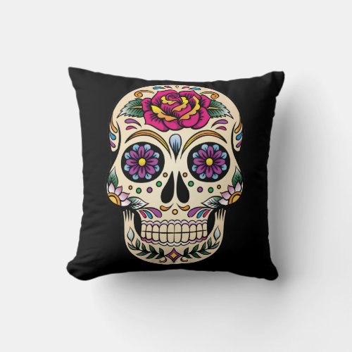 Day of the Dead Sugar Skull with Rose Pillow