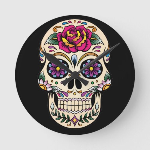 Day of the Dead Sugar Skull with Rose Round Clock