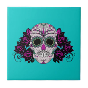 Day of the Dead Sugar Skull with Roses Ceramic Tile