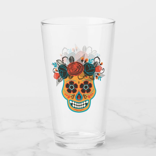 Day of the Dead Sugar Skull with Roses Glass (Front)
