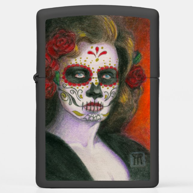 Day of the Dead Sugar Skull with Roses Zippo Lighter (Front)